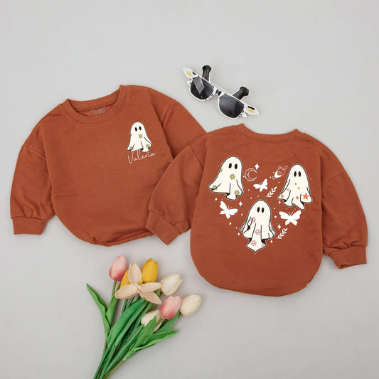 Whimsical Halloween Baby Romper: Cute Ghost Outfit with Personalized Valeria Name, Stars & Moon. Soft Cotton Newborn Clothes, Fall Gift, Party Outfit (139 chars)