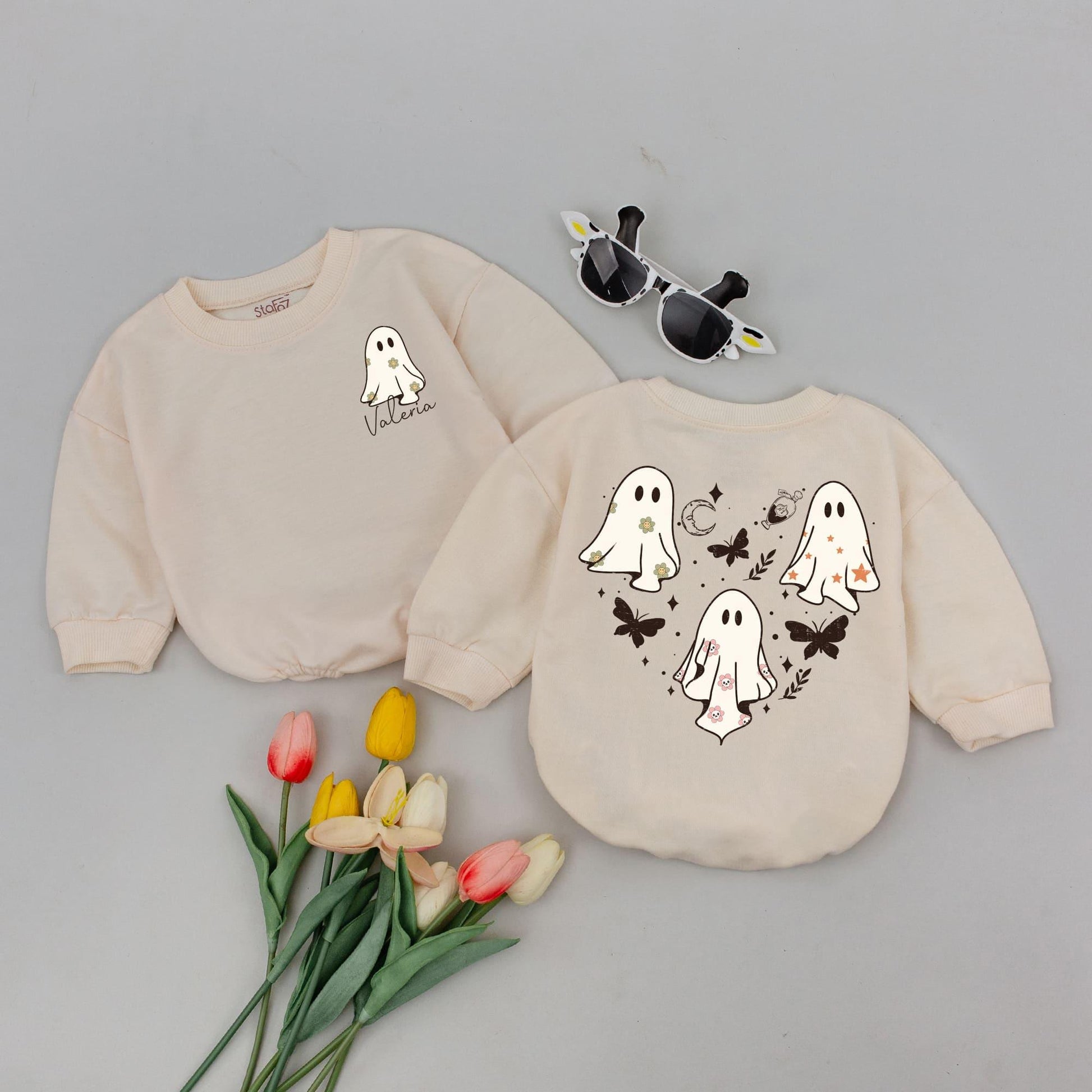 Whimsical Halloween Baby Romper: Cute Ghost Outfit with Personalized Valeria Name, Stars & Moon. Soft Cotton Newborn Clothes, Fall Gift, Party Outfit (139 chars)