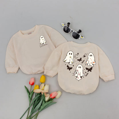 Whimsical Halloween Baby Romper: Cute Ghost Outfit with Personalized Valeria Name, Stars & Moon. Soft Cotton Newborn Clothes, Fall Gift, Party Outfit (139 chars)