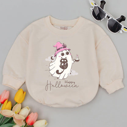 Happy Halloween Baby Romper Cute Ghost & Witch Hat Toddler Bodysuit Soft Whimsical Infant Halloween Outfit Newborn Ghost Clothes
