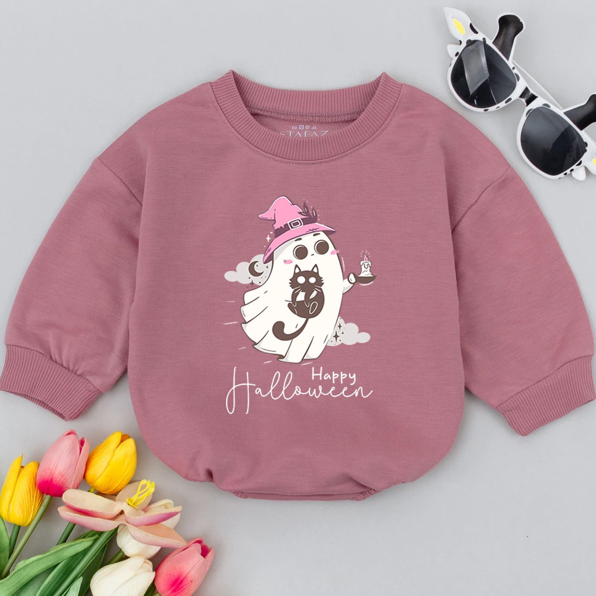 Happy Halloween Baby Romper Cute Ghost & Witch Hat Toddler Bodysuit Soft Whimsical Infant Halloween Outfit Newborn Ghost Clothes