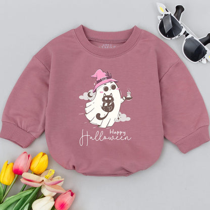 Happy Halloween Baby Romper Cute Ghost & Witch Hat Toddler Bodysuit Soft Whimsical Infant Halloween Outfit Newborn Ghost Clothes