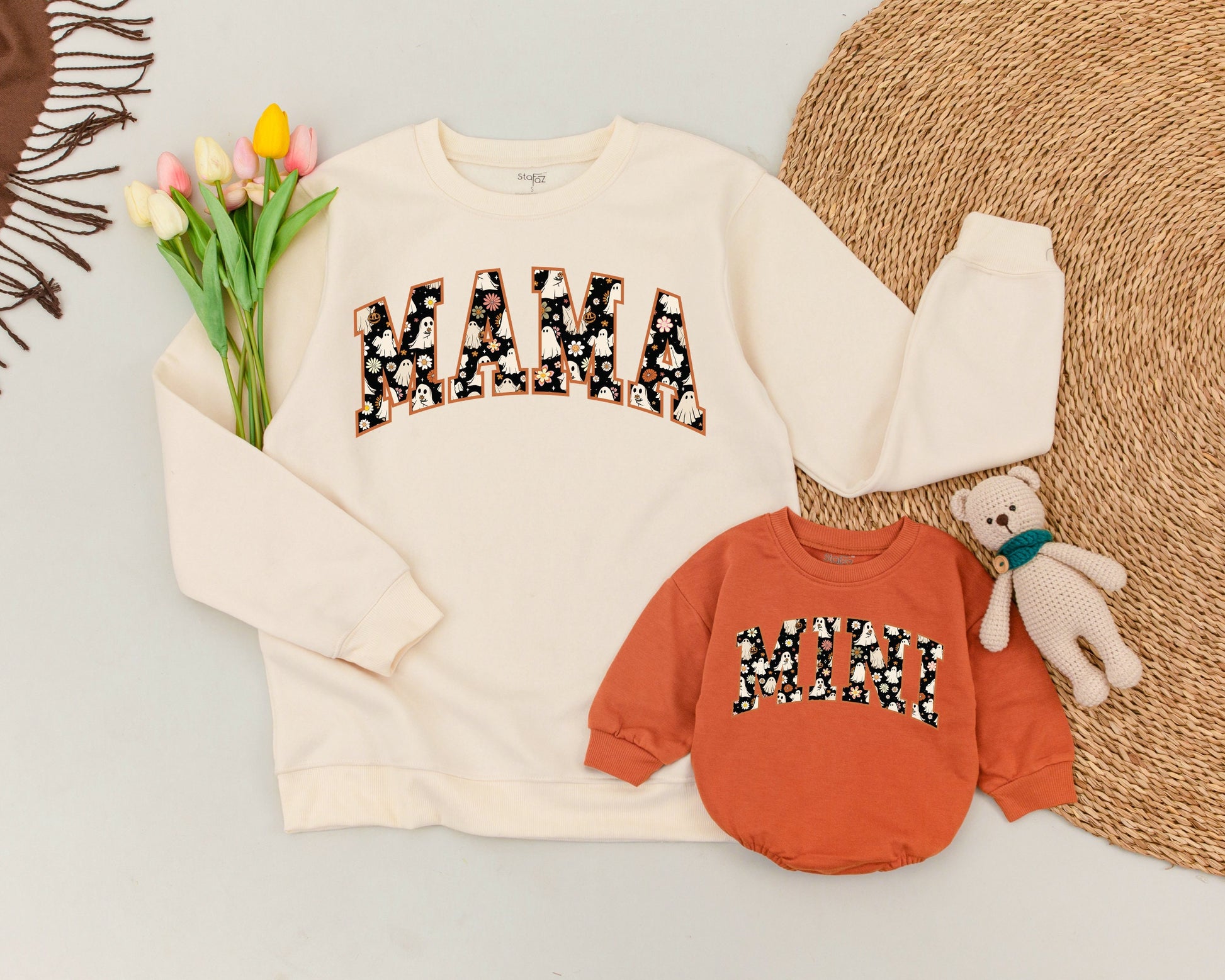 Matching Retro Halloween Sweatshirts for Mama and Mini Ghosts