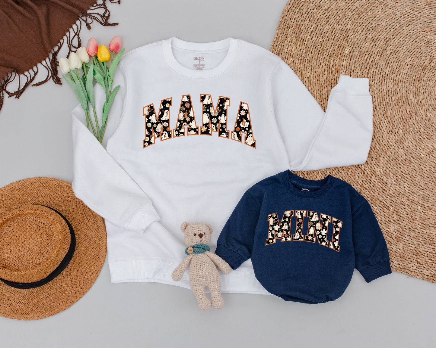 Matching Retro Halloween Sweatshirts for Mama and Mini Ghosts