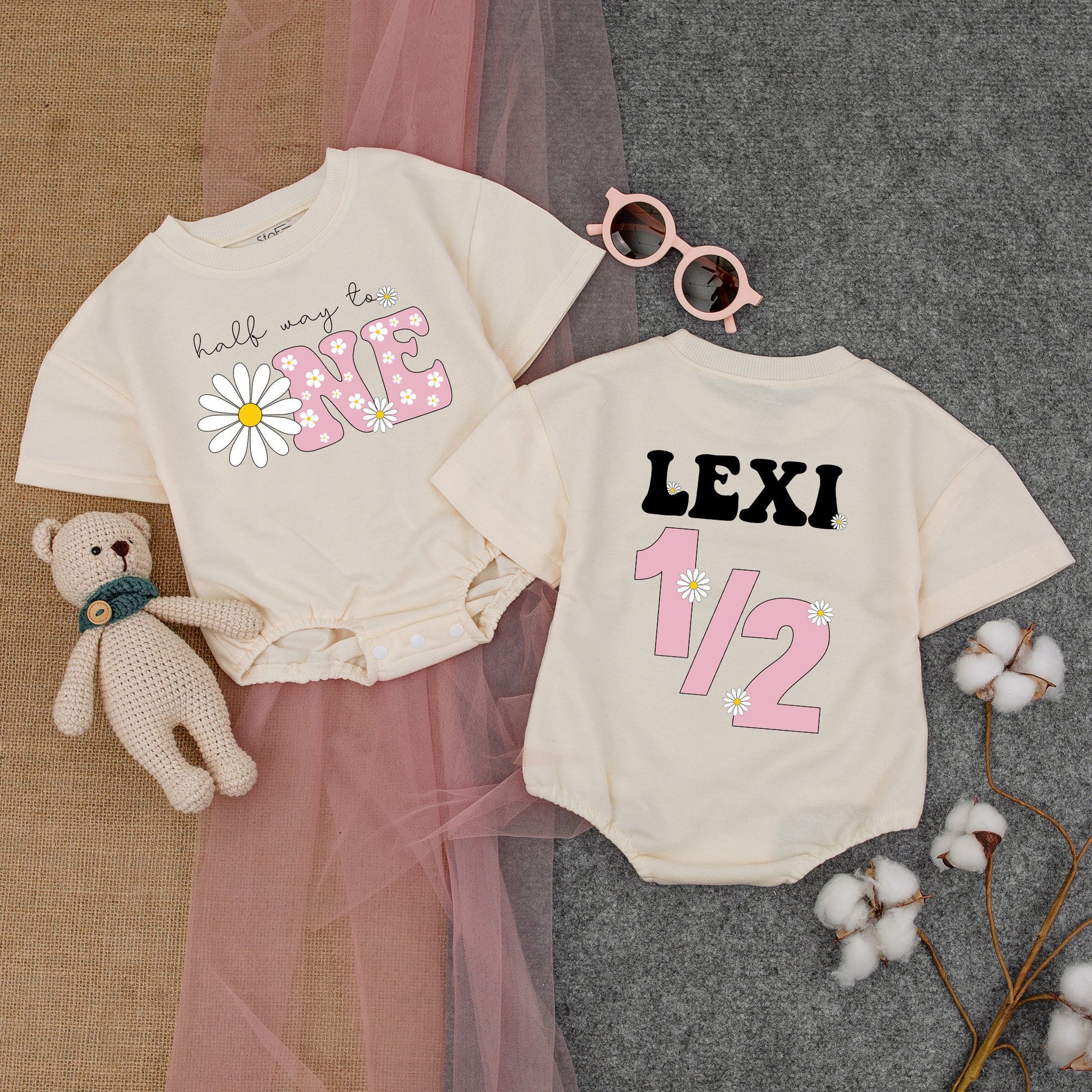 Lexi Half Birthday Outfit: Daisy 'Half Way to ONE' Romper & 1/2 Daisy Bodysuit for Girls, Cute Floral Birthday Clothes