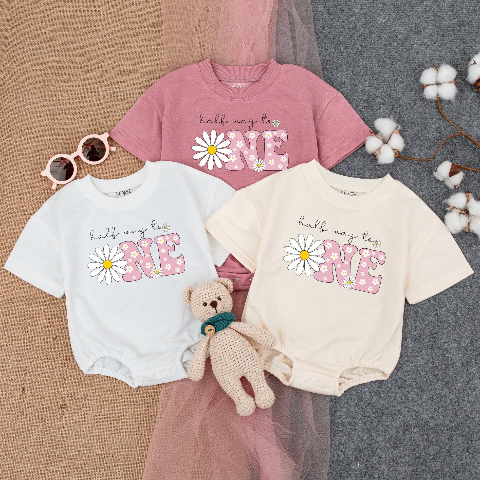 Lexi Half Birthday Outfit: Daisy 'Half Way to ONE' Romper & 1/2 Daisy Bodysuit for Girls, Cute Floral Birthday Clothes