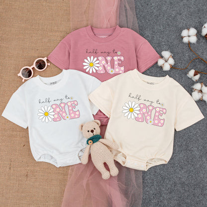 Lexi Half Birthday Outfit: Daisy 'Half Way to ONE' Romper & 1/2 Daisy Bodysuit for Girls, Cute Floral Birthday Clothes