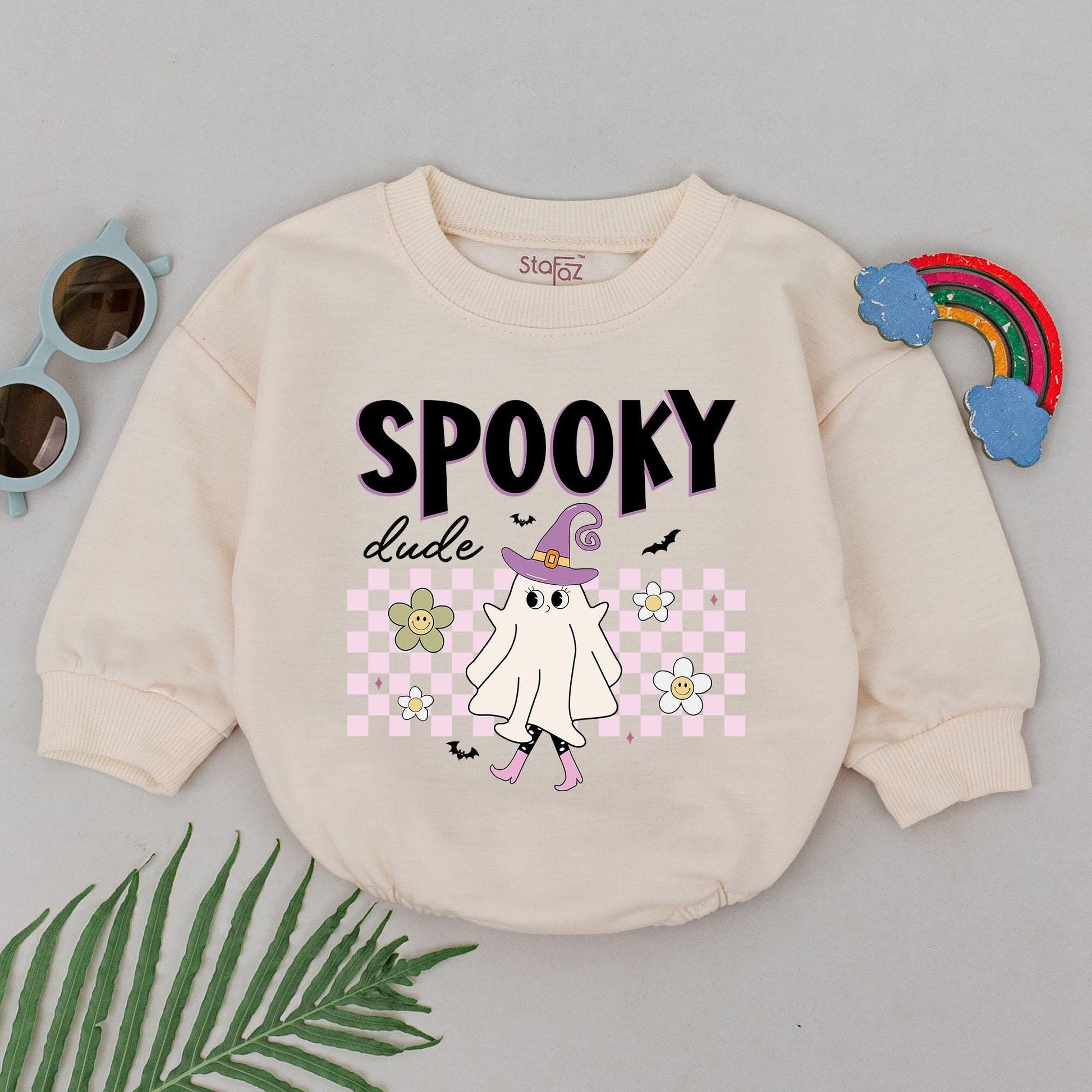 Spooky Dude Baby Romper First Halloween Cute Ghost Outfit Girls Boys Pink Retro Checkered Flowers Bats Whimsical Newborn Gift