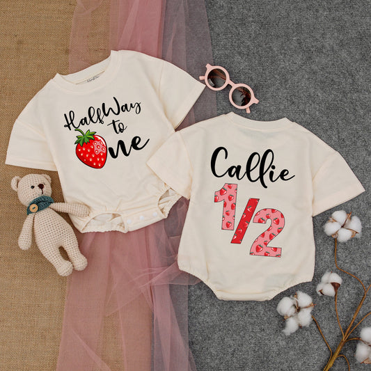 Boho Strawberry Birthday Romper: Personalized 1/2 Year Baby Outfit