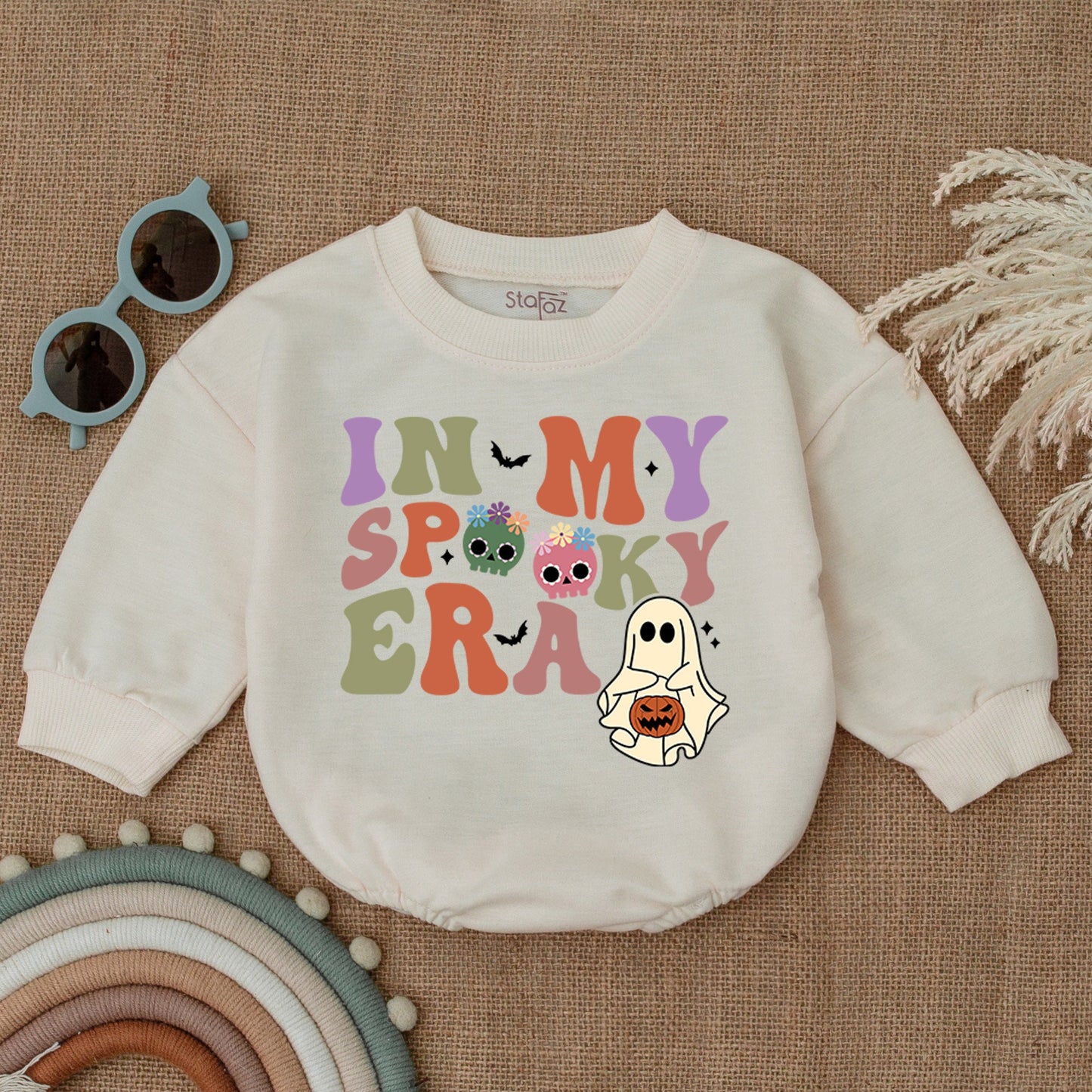In My Spooky Era Retro Halloween Baby Bubble Romper First Outfit Whimsical Spooky Season Costume Ghost Pumpkin Skulls Bat Design Shower Gift