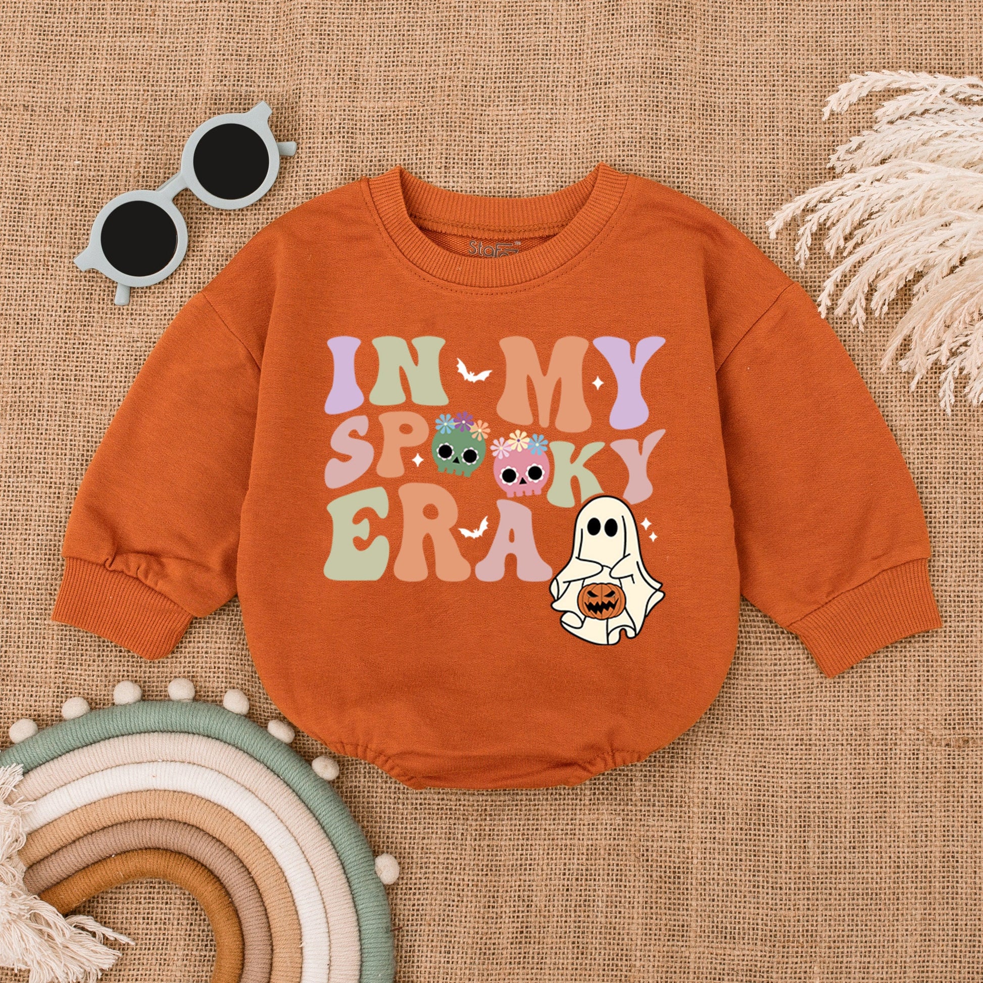 In My Spooky Era Retro Halloween Baby Bubble Romper First Outfit Whimsical Spooky Season Costume Ghost Pumpkin Skulls Bat Design Shower Gift