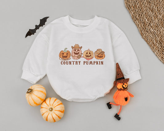 Retro Western Pumpkin Baby Romper - First Halloween Outfit