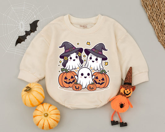 Spooky Ghost & Pumpkin Baby Romper - Fall Halloween Outfit