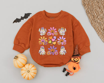 Groovy Ghost Halloween Romper, Little Pumpkin Outfit, Retro Floral Spooky Bodysuit, Cute Fall Baby Girl Clothes, First Halloween Costume 139