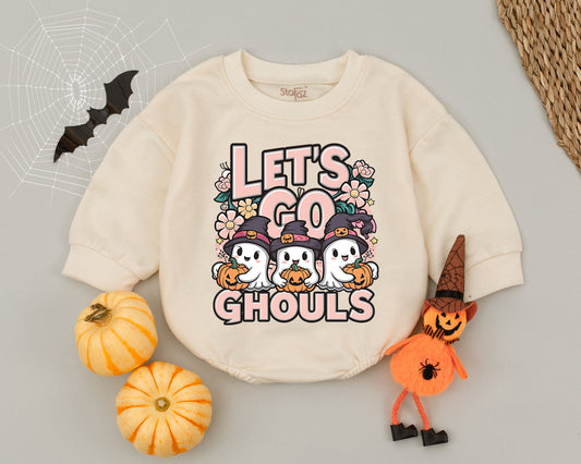 Let's Go Ghouls Halloween Baby Romper Outfit, Ghost & Pumpkin Design, Fall Toddler Clothes, Spooky Season Newborn Girl/Boy Costume