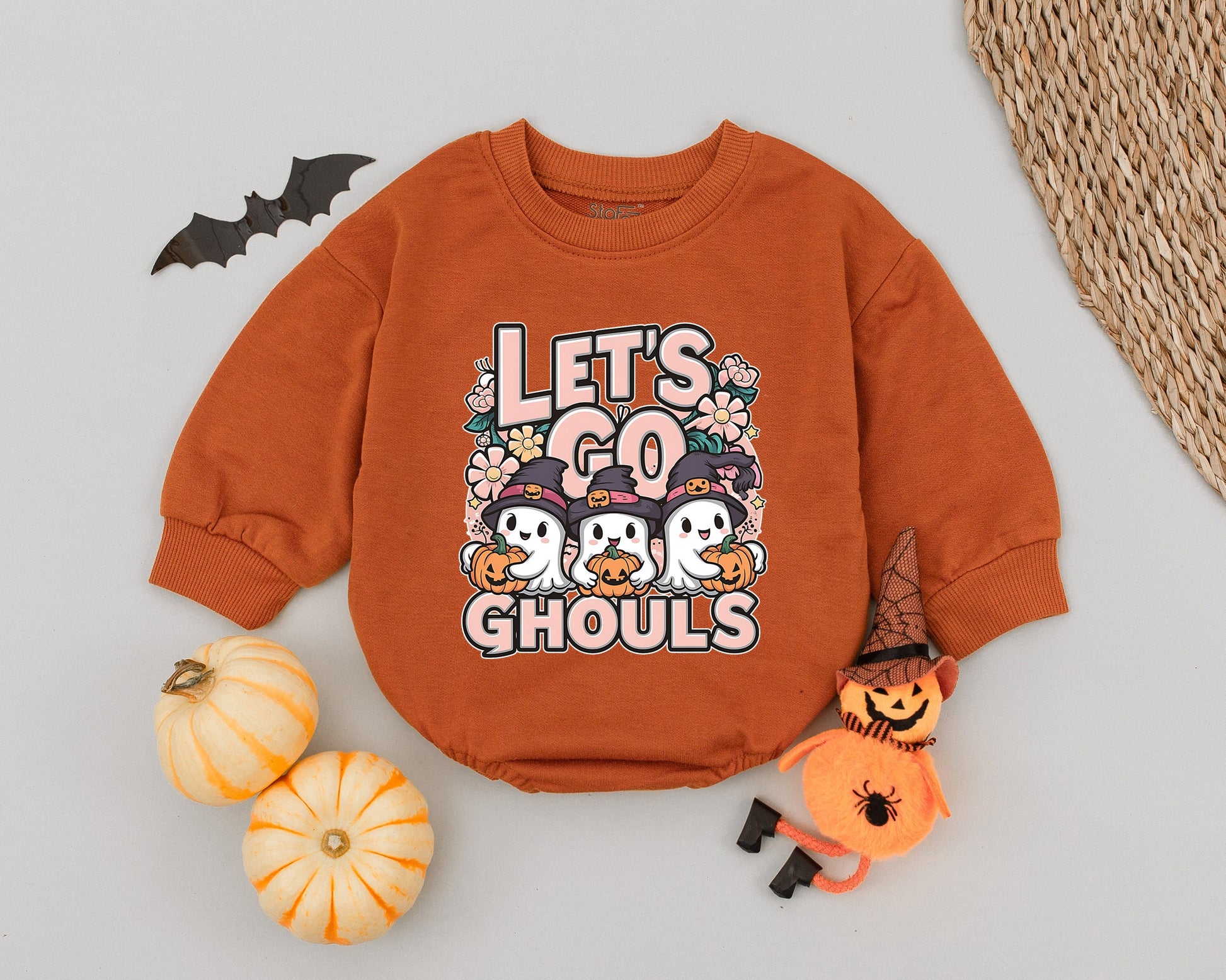 Let's Go Ghouls Halloween Baby Romper Outfit, Ghost & Pumpkin Design, Fall Toddler Clothes, Spooky Season Newborn Girl/Boy Costume