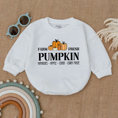 Farm Fresh Pumpkin Patch Romper, Groovy Fall Baby Outfit, Thanksgiving Bodysuit for Hayrides, Cider, Corn Maze, Cute Autumn Clothes for Baby  (138 chars)