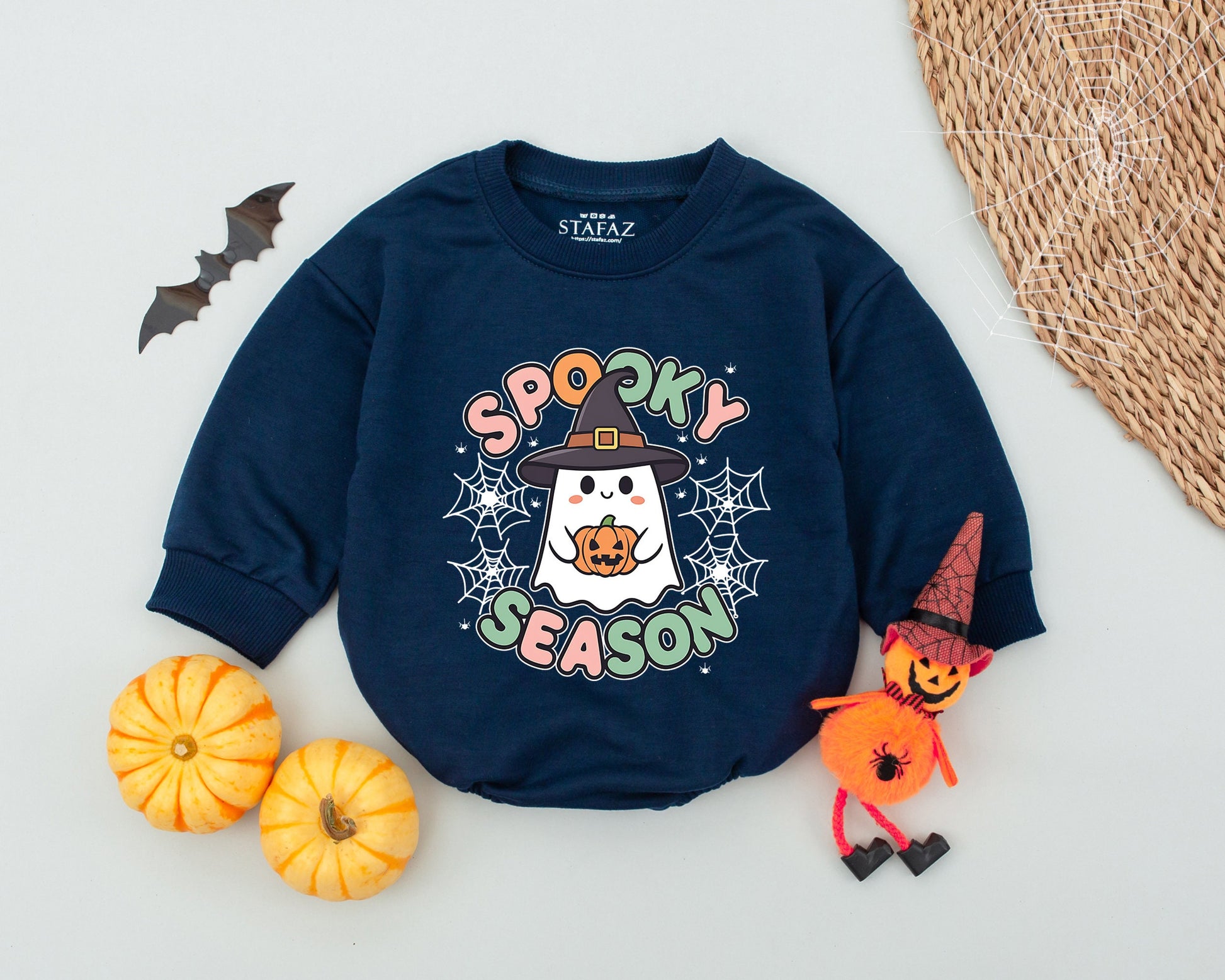 Spooky Season Ghost Romper: Cute Halloween Outfit for Baby Girl or Boy, Witch Hat and Pumpkin Design, Whimsical Fall Clothes, Newborn Costume, Spiderweb
