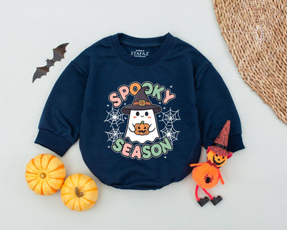 Spooky Season Ghost Romper: Cute Halloween Outfit for Baby Girl or Boy, Witch Hat and Pumpkin Design, Whimsical Fall Clothes, Newborn Costume, Spiderweb