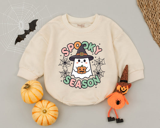 Spooky Season Ghost Romper: Cute Halloween Outfit for Baby Girl or Boy, Witch Hat and Pumpkin Design, Whimsical Fall Clothes, Newborn Costume, Spiderweb