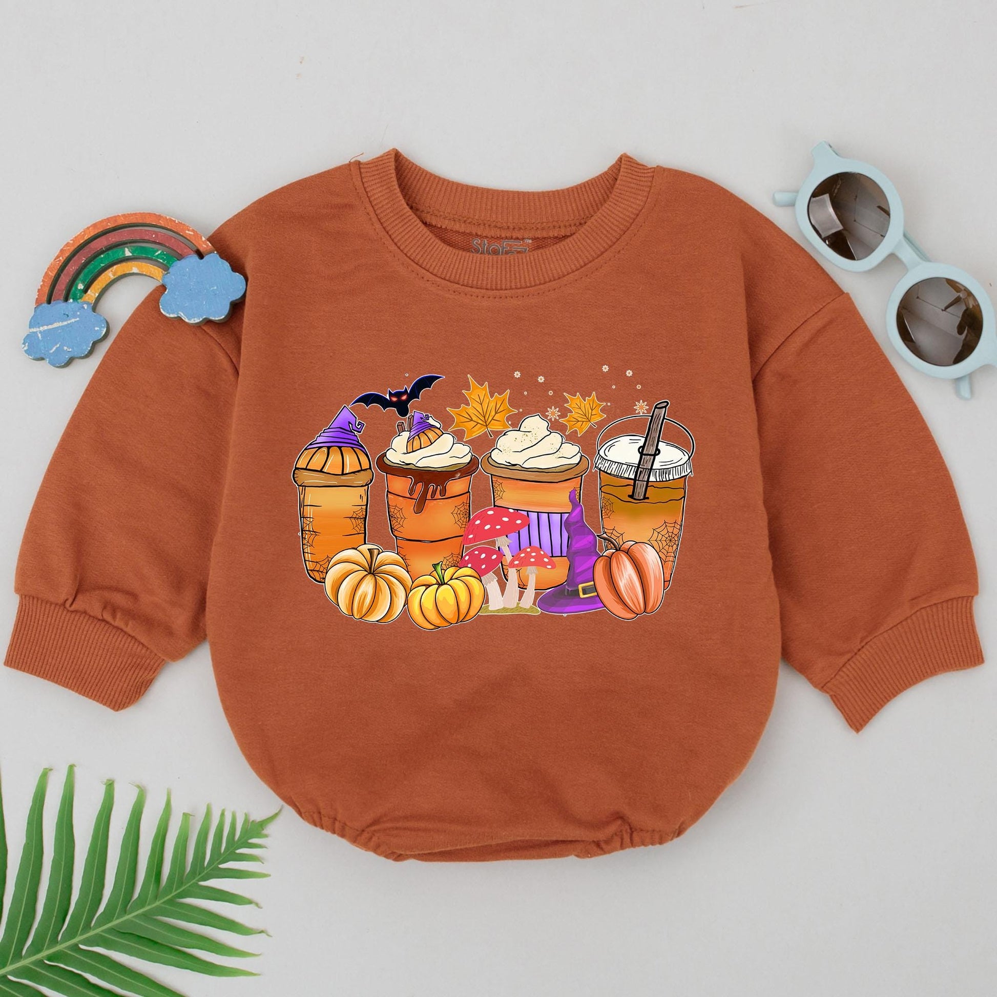 Cute Halloween Coffee Cup Romper Baby's First Halloween Outfit Spooky Season Gift for Boys Newborn Infant Fall Festive Orange Brown