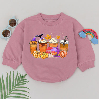 Cute Halloween Coffee Cup Romper Baby's First Halloween Outfit Spooky Season Gift for Boys Newborn Infant Fall Festive Orange Brown