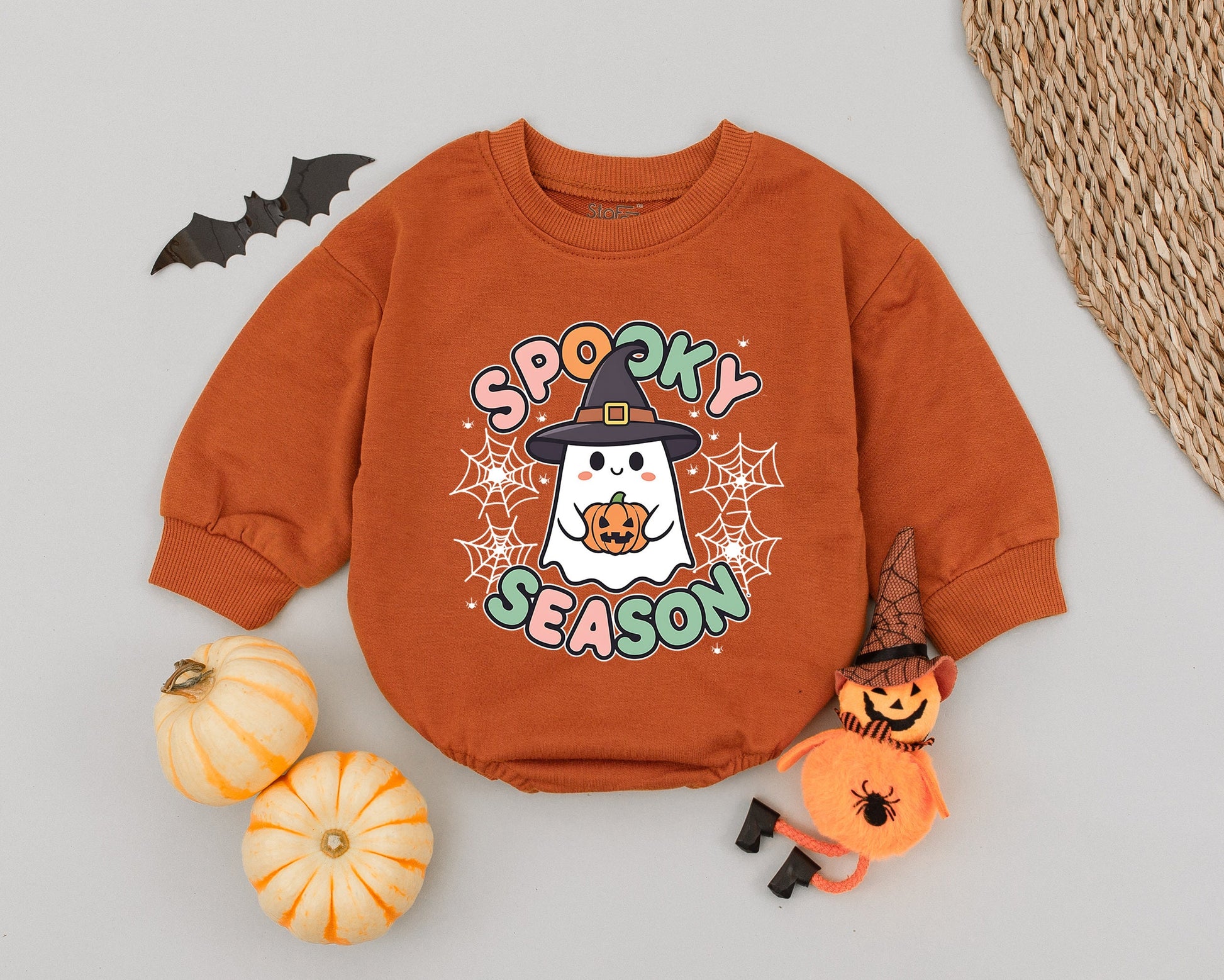 Spooky Season Ghost Romper: Cute Halloween Outfit for Baby Girl or Boy, Witch Hat and Pumpkin Design, Whimsical Fall Clothes, Newborn Costume, Spiderweb