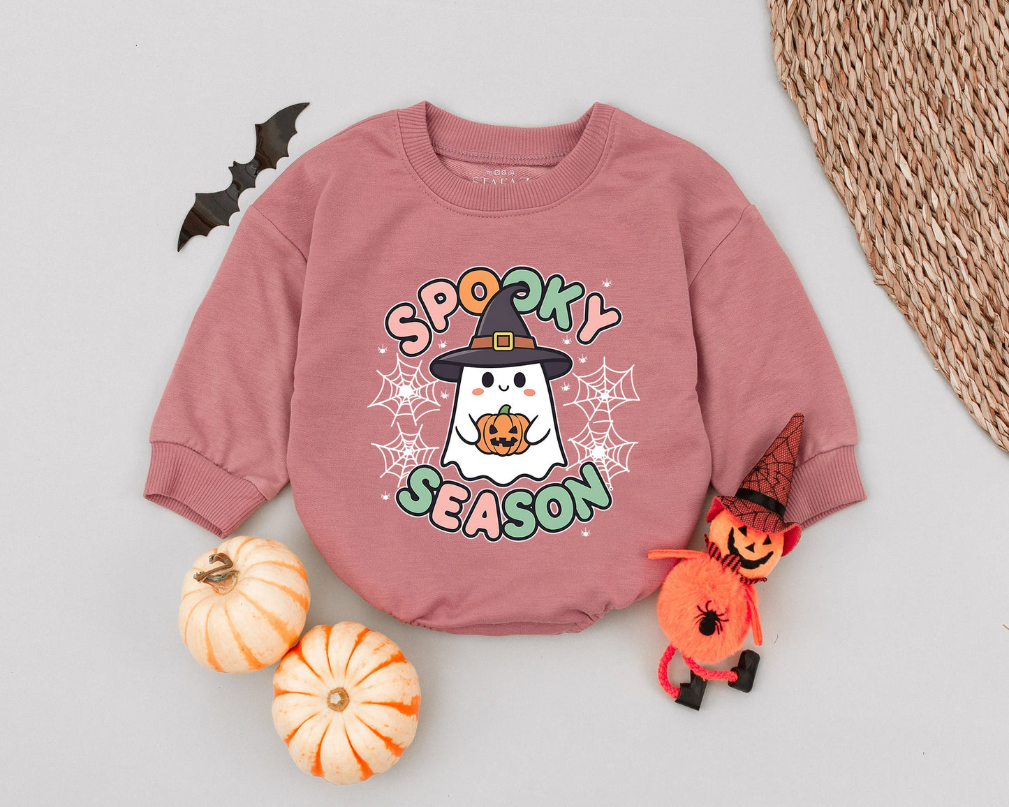 Spooky Season Ghost Romper: Cute Halloween Outfit for Baby Girl or Boy, Witch Hat and Pumpkin Design, Whimsical Fall Clothes, Newborn Costume, Spiderweb