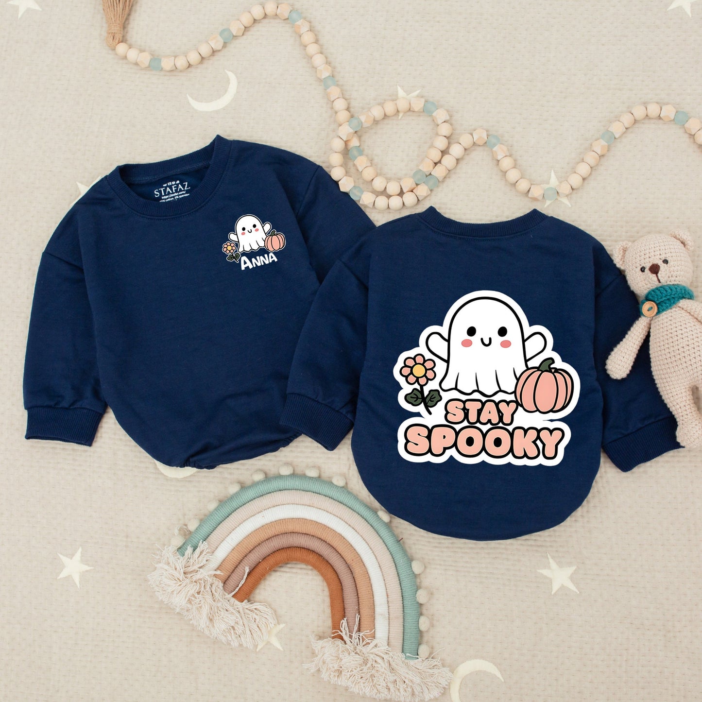 Personalized Anna & Stay Spooky Halloween Baby Romper, Cute Ghost & Pumpkin Design, Newborn, Toddler Girl & Boy Spooky Outfit, First Halloween