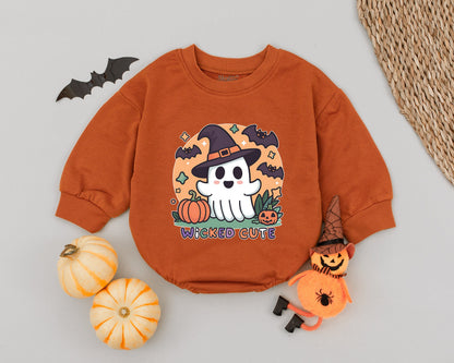 Ghostly Cute "WICKED CUTE" Halloween Baby Romper Orange Purple Black White Festive Cartoon Ghost Witch Hat Bats Stars Pumpkins Toddler Newborn Outfit