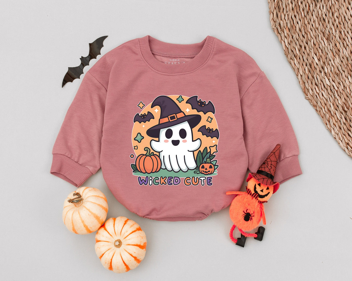 Ghostly Cute "WICKED CUTE" Halloween Baby Romper Orange Purple Black White Festive Cartoon Ghost Witch Hat Bats Stars Pumpkins Toddler Newborn Outfit