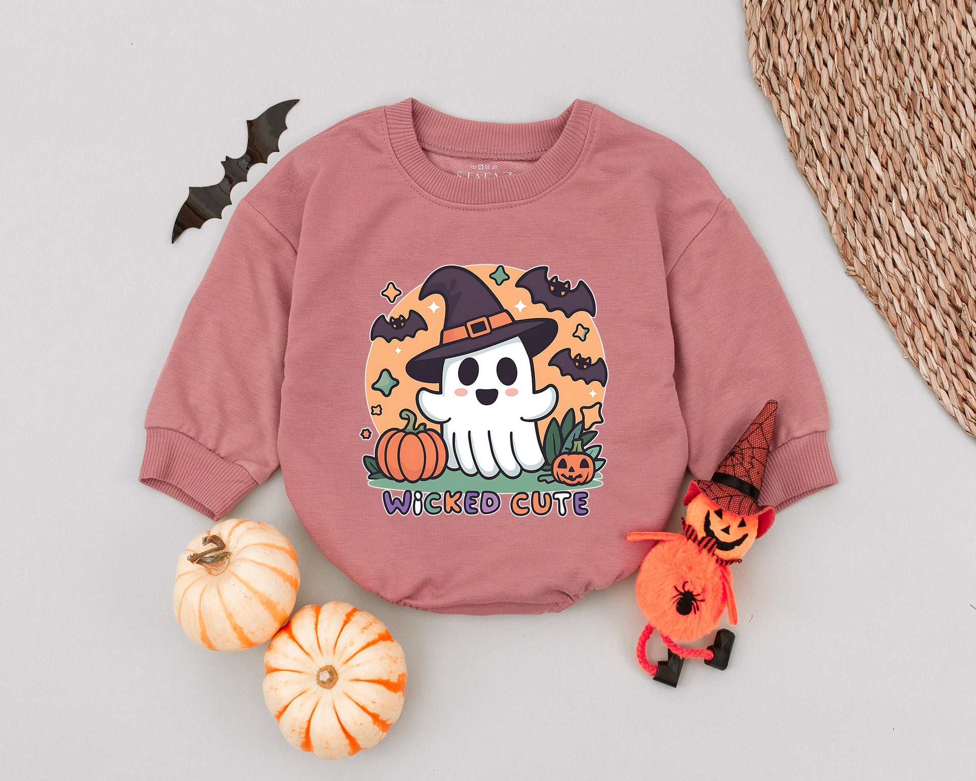 Ghostly Cute "WICKED CUTE" Halloween Baby Romper Orange Purple Black White Festive Cartoon Ghost Witch Hat Bats Stars Pumpkins Toddler Newborn Outfit