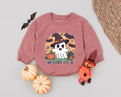 Ghostly Cute "WICKED CUTE" Halloween Baby Romper Orange Purple Black White Festive Cartoon Ghost Witch Hat Bats Stars Pumpkins Toddler Newborn Outfit