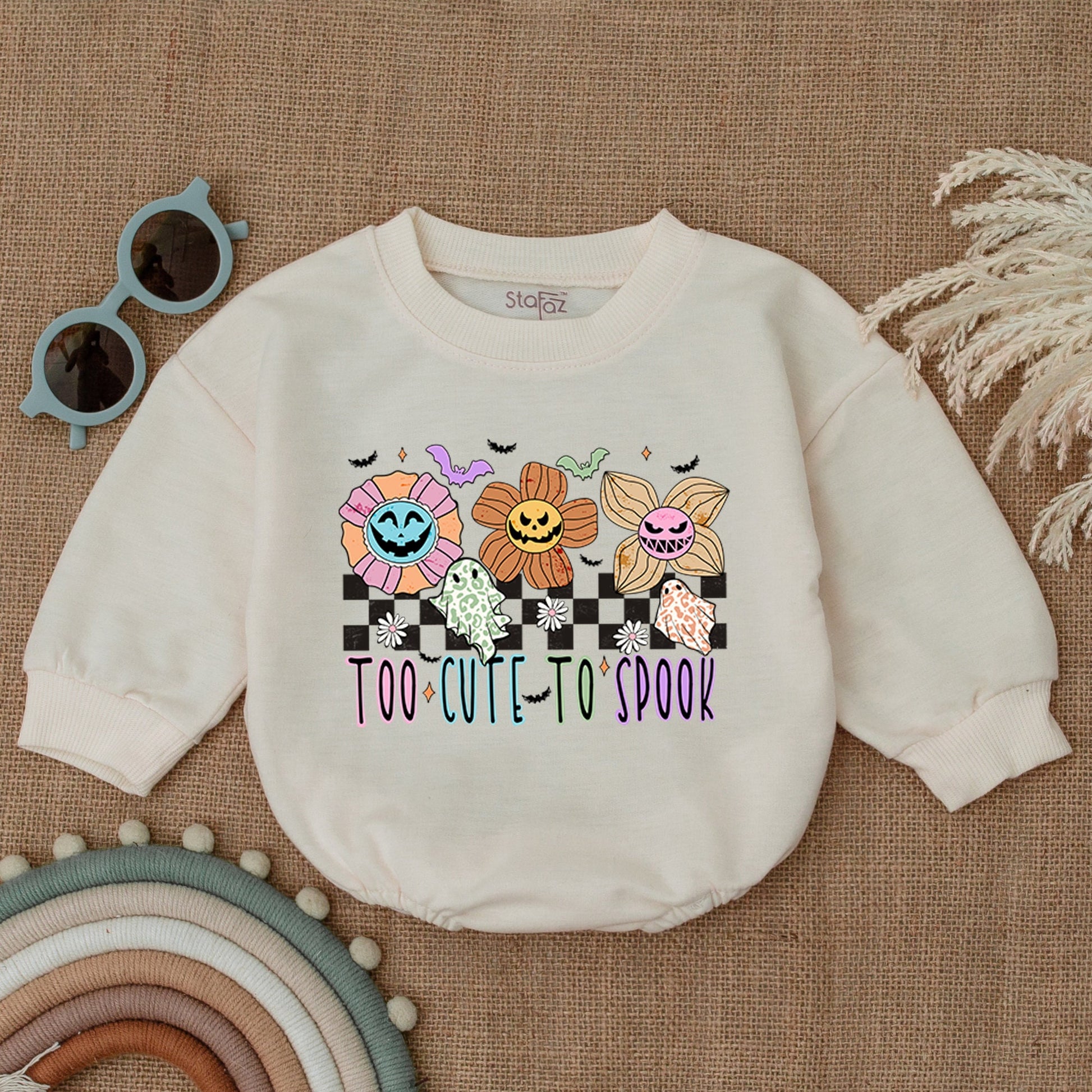 Baby Too Cute To Spook Halloween Bubble Romper My First Spooky Season Outfit with Playful Flowers, Ghosts, Bats & Checkered Print Bodysuit Gift