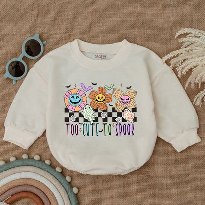 Baby Too Cute To Spook Halloween Bubble Romper My First Spooky Season Outfit with Playful Flowers, Ghosts, Bats & Checkered Print Bodysuit Gift