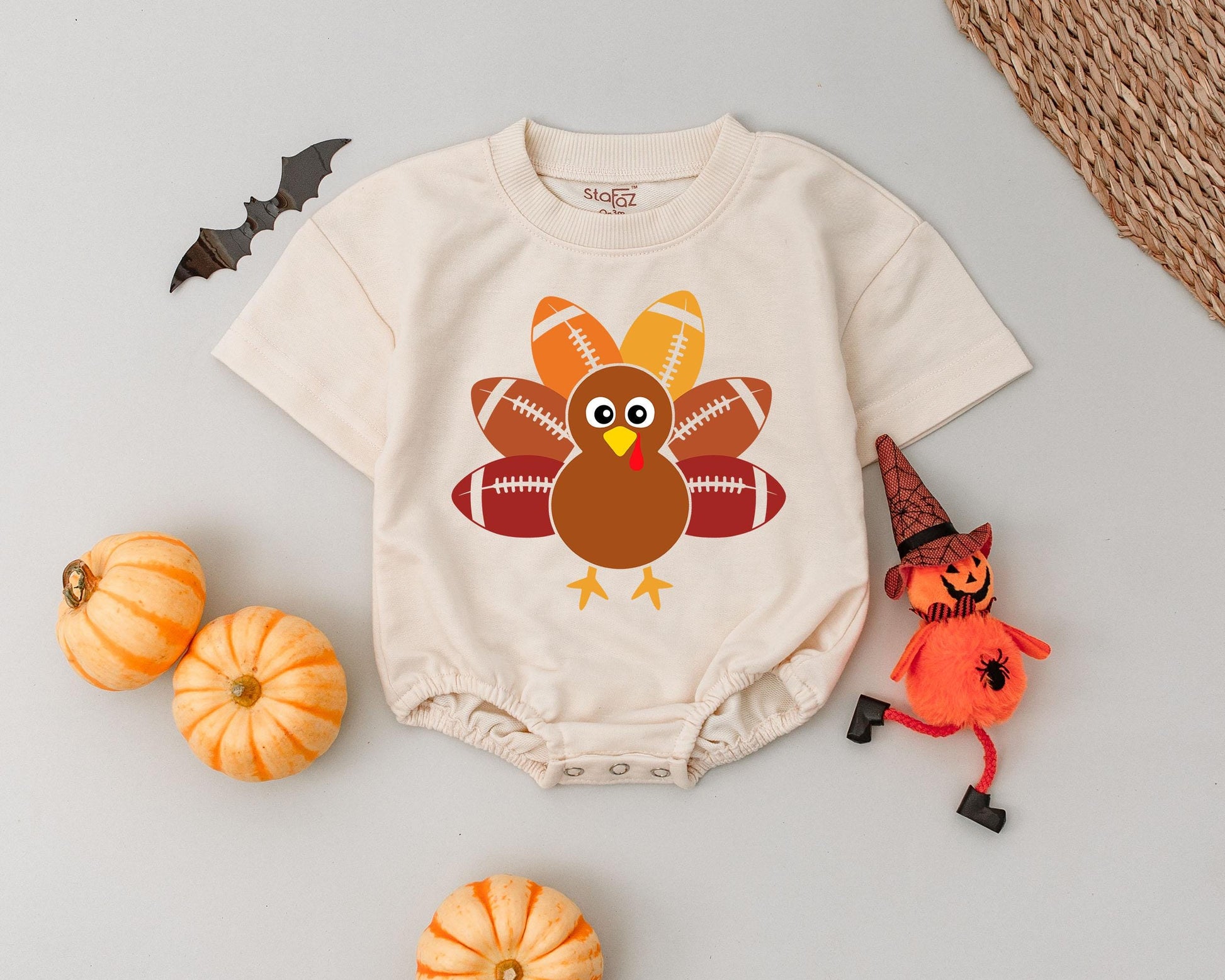 Thanksgiving Football Turkey Bubble Romper Baby Clothes Fun Orange Yellow Brown Turkey Baby Shower Gift First Thanksgiving Outfit