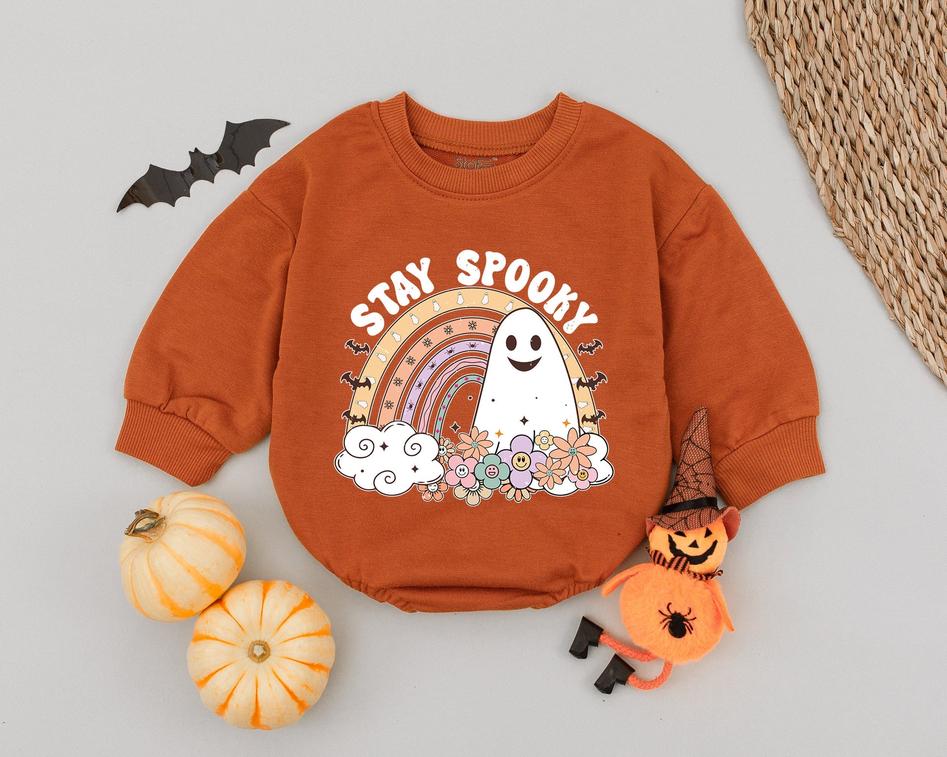 Groovy Spooky Ghost Baby Romper Vintage Flower Halloween Outfit Cute Pastel Rainbow Toddler Costume Fall Shower Gift Soft Cotton Comfortable