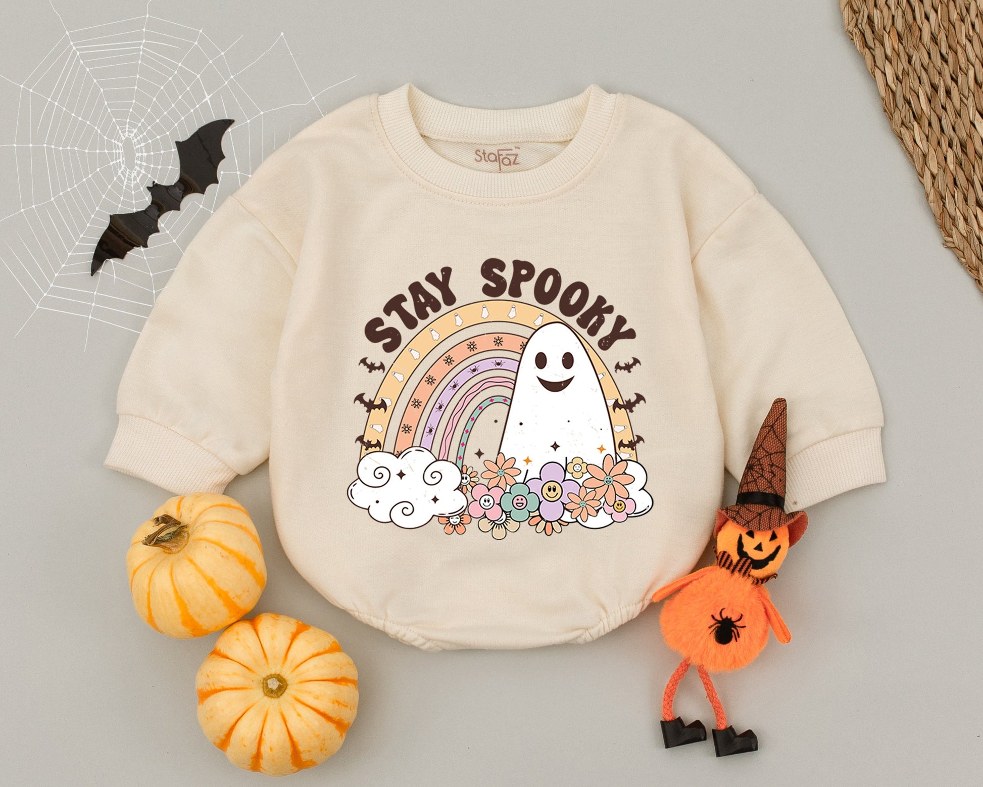 Groovy Spooky Ghost Baby Romper Vintage Flower Halloween Outfit Cute Pastel Rainbow Toddler Costume Fall Shower Gift Soft Cotton Comfortable