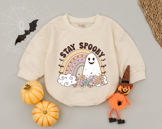 Groovy Spooky Ghost Baby Romper Vintage Flower Halloween Outfit Cute Pastel Rainbow Toddler Costume Fall Shower Gift Soft Cotton Comfortable