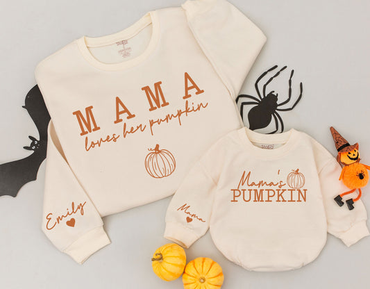 Matching Mama Loves Her Pumpkin Fall Sweatshirts Mommy and Me Outfits Personalized Family Thanksgiving Shirts Custom Design Baby Toddler