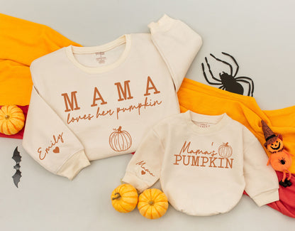 Matching Mama Loves Her Pumpkin Fall Sweatshirts Mommy and Me Outfits Personalized Family Thanksgiving Shirts Custom Design Baby Toddler