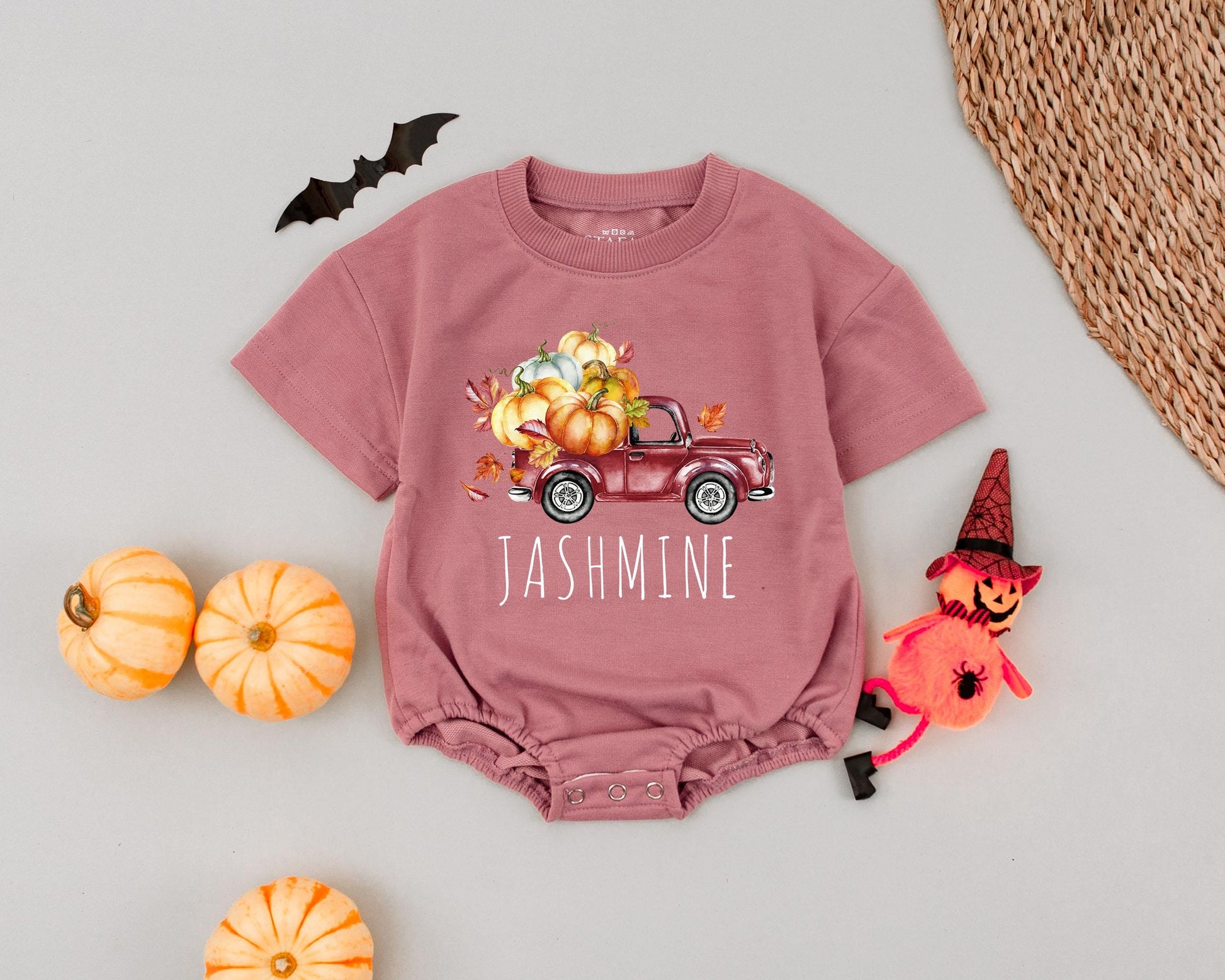 First Halloween Personalized Romper: Pumpkin Spice & Truck Outfit  