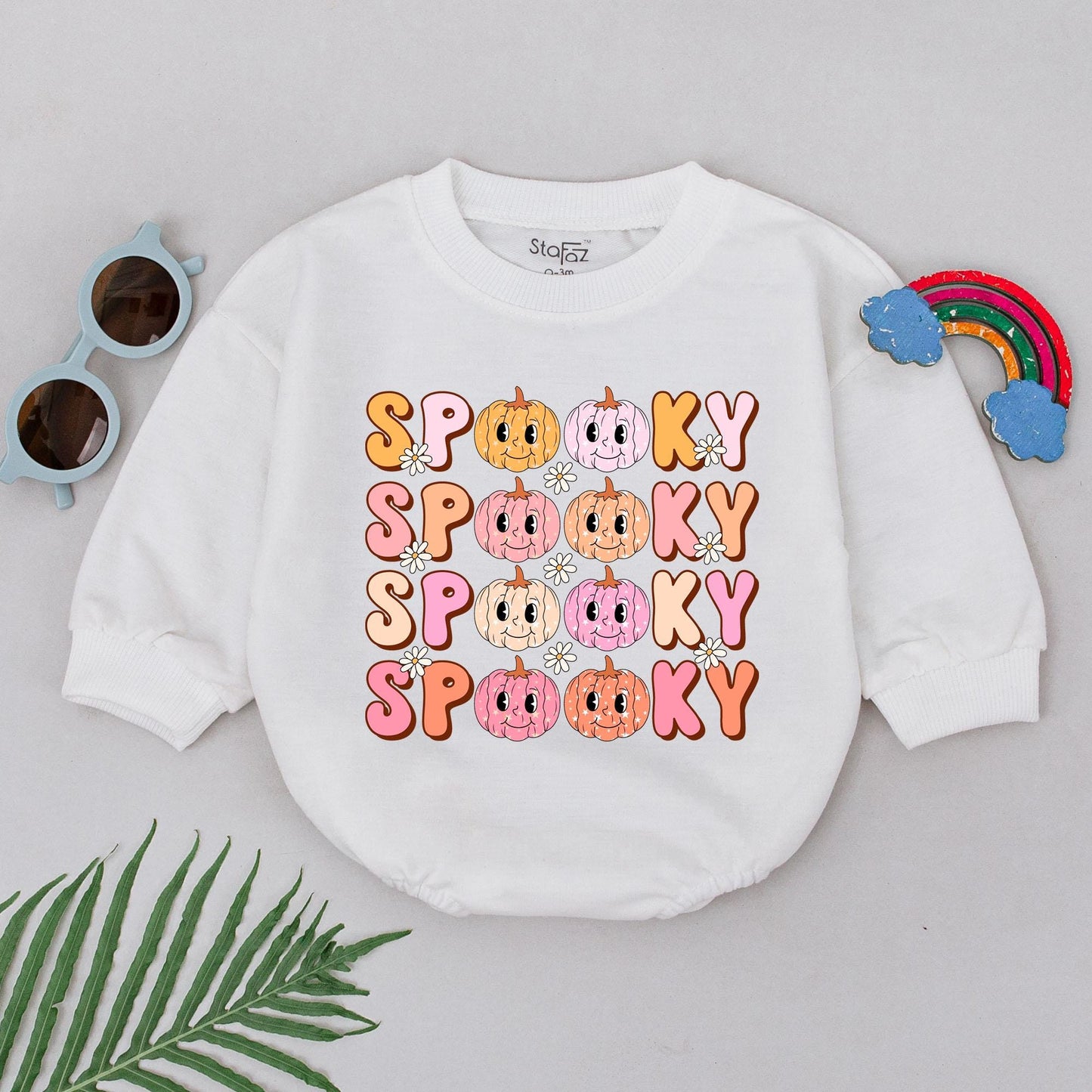 Spooky Dude Pumpkin Romper Baby Girl First Halloween Outfit Retro Design, Pink Orange Colors, Newborn Gift, Baby Boo Season