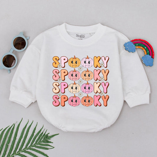 Spooky Dude Pumpkin Romper Baby Girl First Halloween Outfit Retro Design, Pink Orange Colors, Newborn Gift, Baby Boo Season