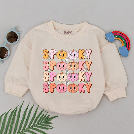Spooky Dude Pumpkin Romper Baby Girl First Halloween Outfit Retro Design, Pink Orange Colors, Newborn Gift, Baby Boo Season