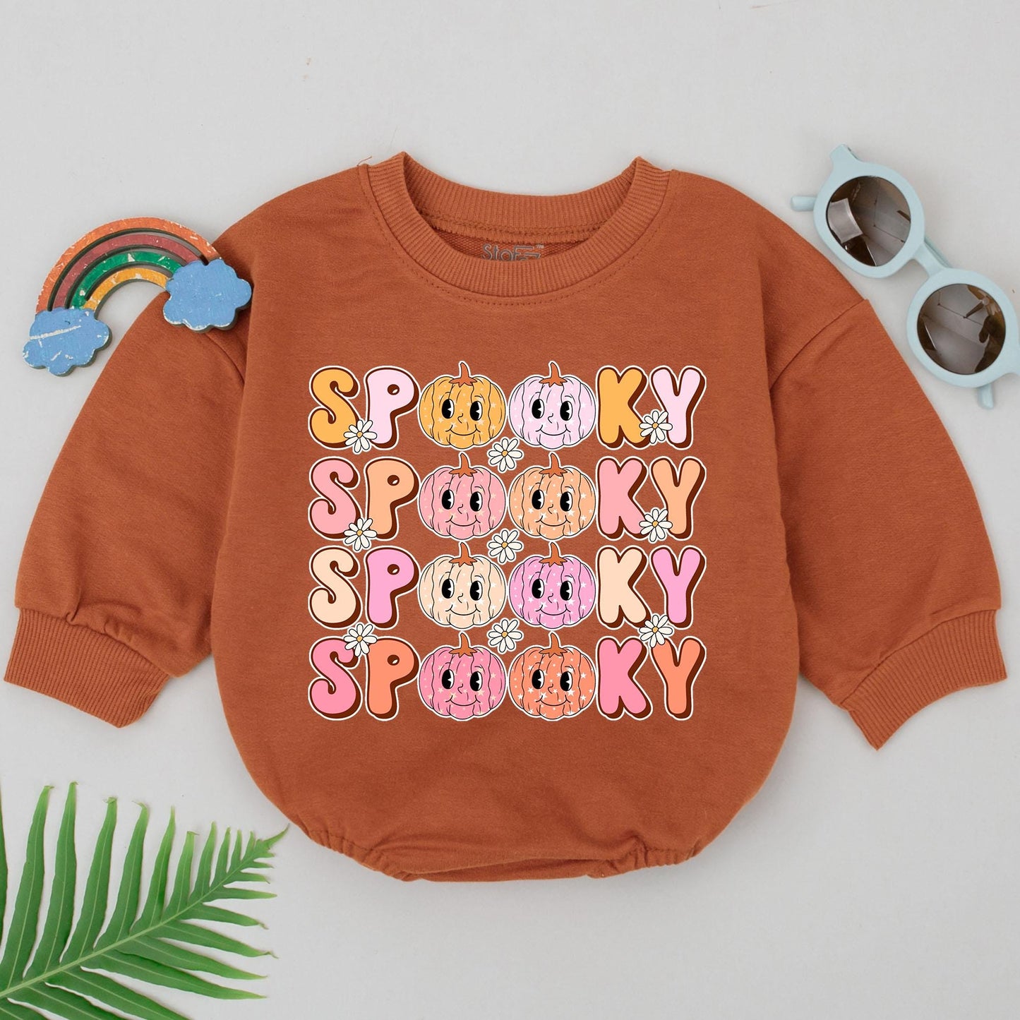 Spooky Dude Pumpkin Romper Baby Girl First Halloween Outfit Retro Design, Pink Orange Colors, Newborn Gift, Baby Boo Season