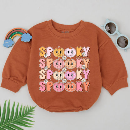 Spooky Dude Pumpkin Romper Baby Girl First Halloween Outfit Retro Design, Pink Orange Colors, Newborn Gift, Baby Boo Season
