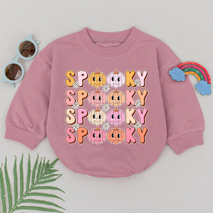 Spooky Dude Pumpkin Romper Baby Girl First Halloween Outfit Retro Design, Pink Orange Colors, Newborn Gift, Baby Boo Season