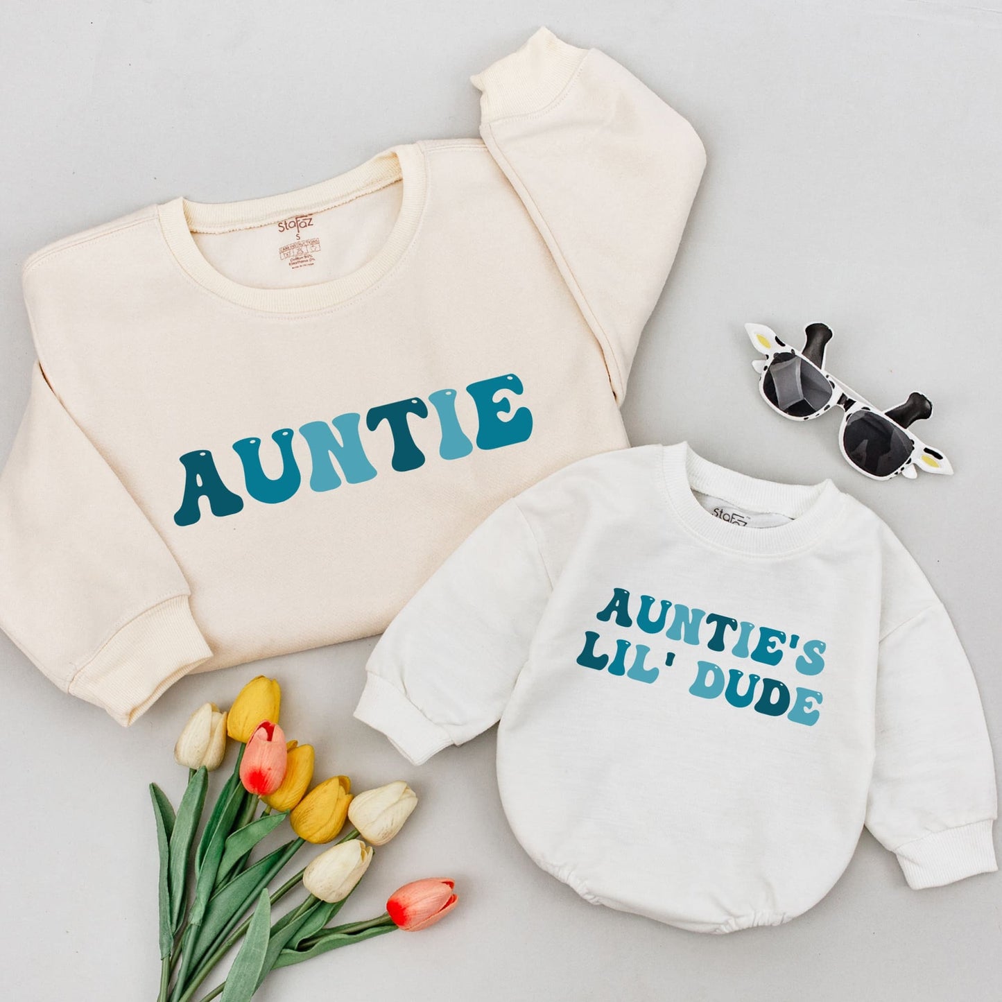 Auntie & Lil' Dude Matching Sweatshirts: Retro Teal & Blue Design, Gift for Aunt, Baby Boy, Birthday