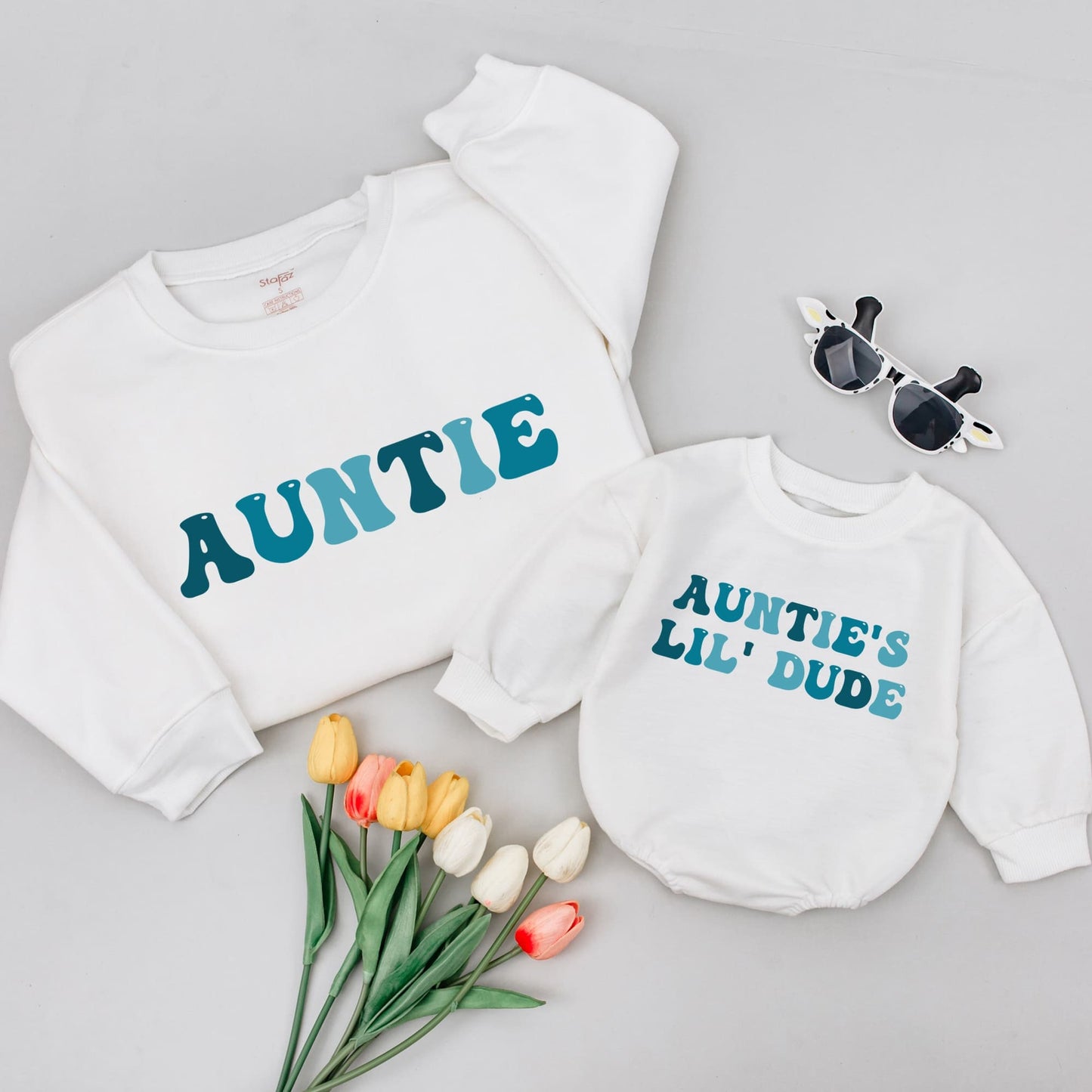Auntie & Lil' Dude Matching Sweatshirts: Retro Teal & Blue Design, Gift for Aunt, Baby Boy, Birthday